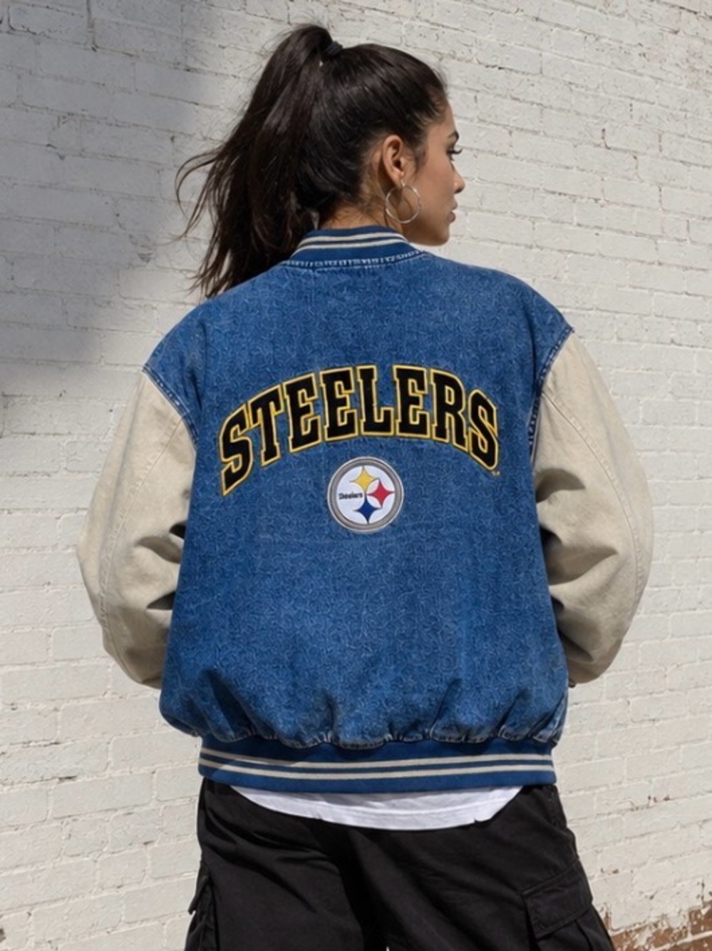 Vintage 90s Pittsburgh Steelers Denim Varsity Bomber Jacket Large NFL Lee Sport